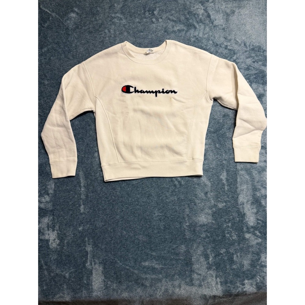Champion Reverse Weave Sweatshirt Small Cream Embroidered Logo Crewneck Pullover